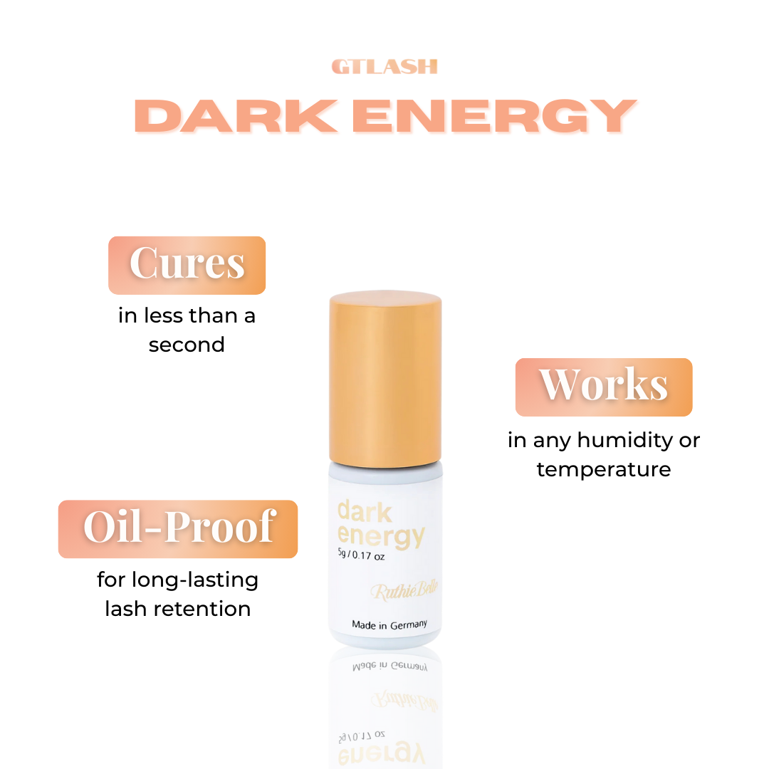 Dark Energy lash extension adhesive at GT Lash Co designed to cure in one second in any humidity or temperature.