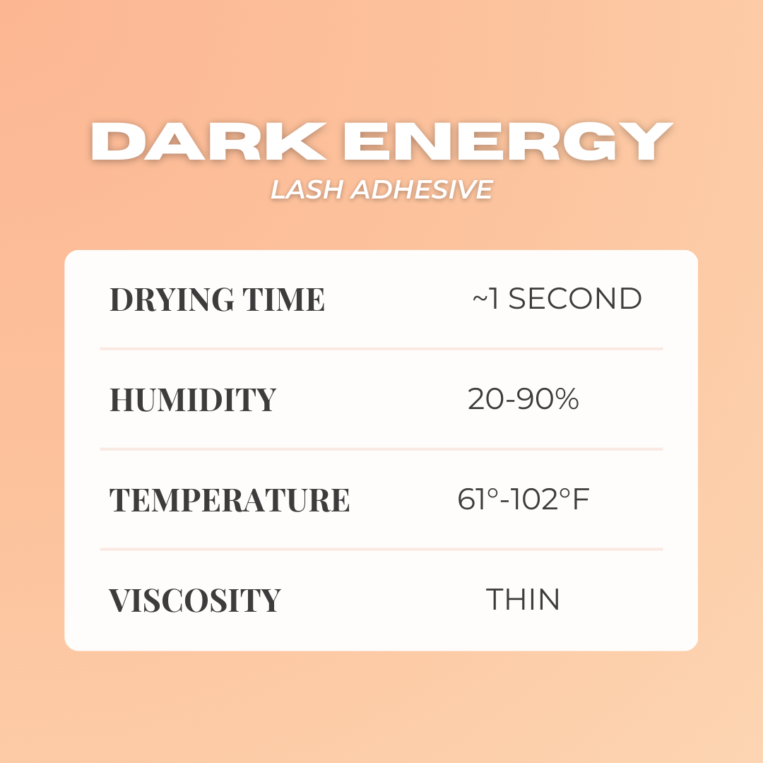 Dark Energy eyelash extension adhesive from GT Lash Co engineered for professional lash artists to work in high and low humidity or temperature conditions.