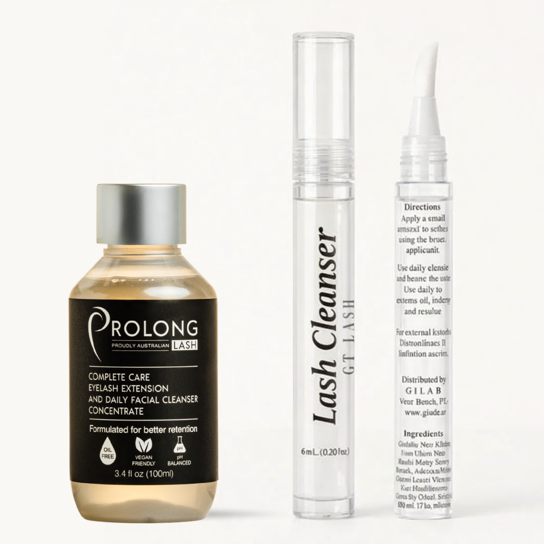 Eyelash extension cleanser kit with lash cleanser concentrate and 15 travel size lash extension cleanser pens.