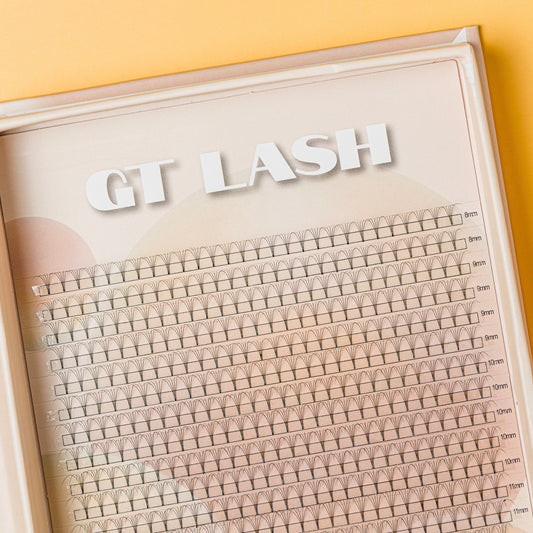 Tray of GT Lash Co 5D short stem premade volume fans for lash artist professionals.