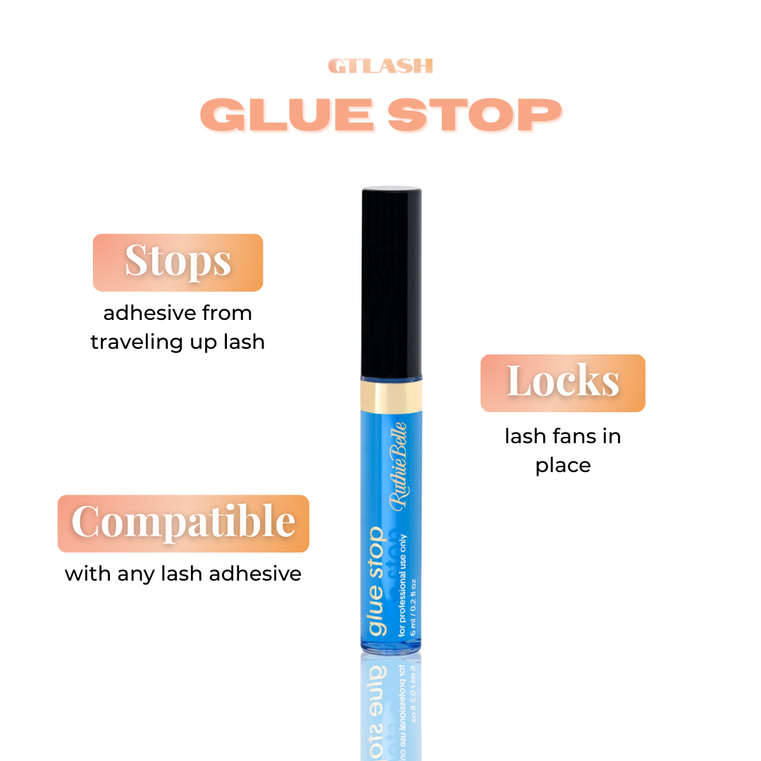 GT Lash Co Glue Stop, a lash artist's adhesive control solution to prevent lash extension fans from sticking or collapsing.