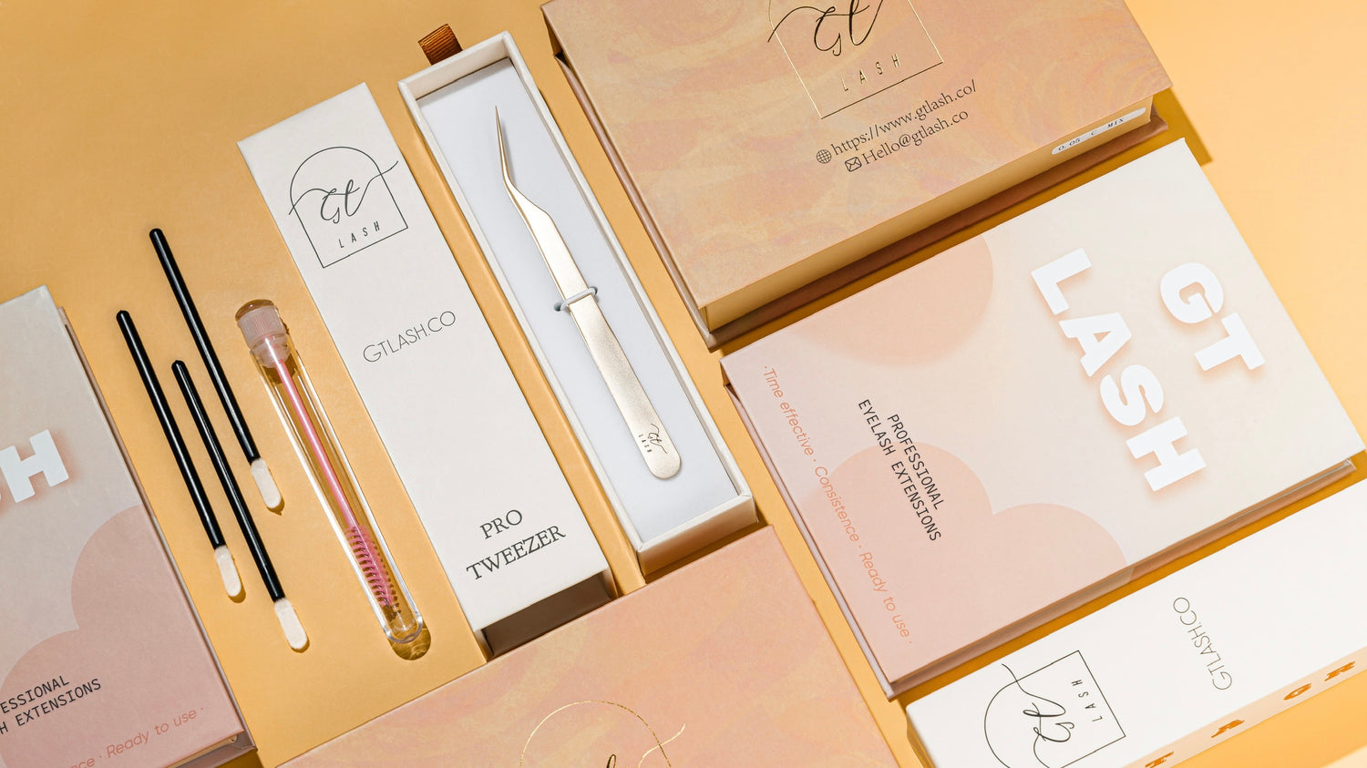 GT Lash Co pro and beginner lash kits + bundles featuring premade lash fans, fiber tip pro tweezers, and professional lash accessories.