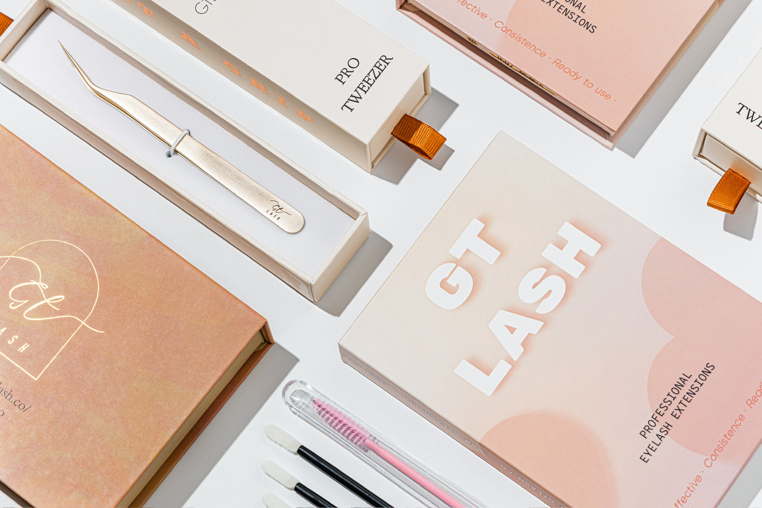 GT Lash Co newest pro lash supplies featuring premade lash fans, fiber tip pro tweezers, and professional lash accessories.