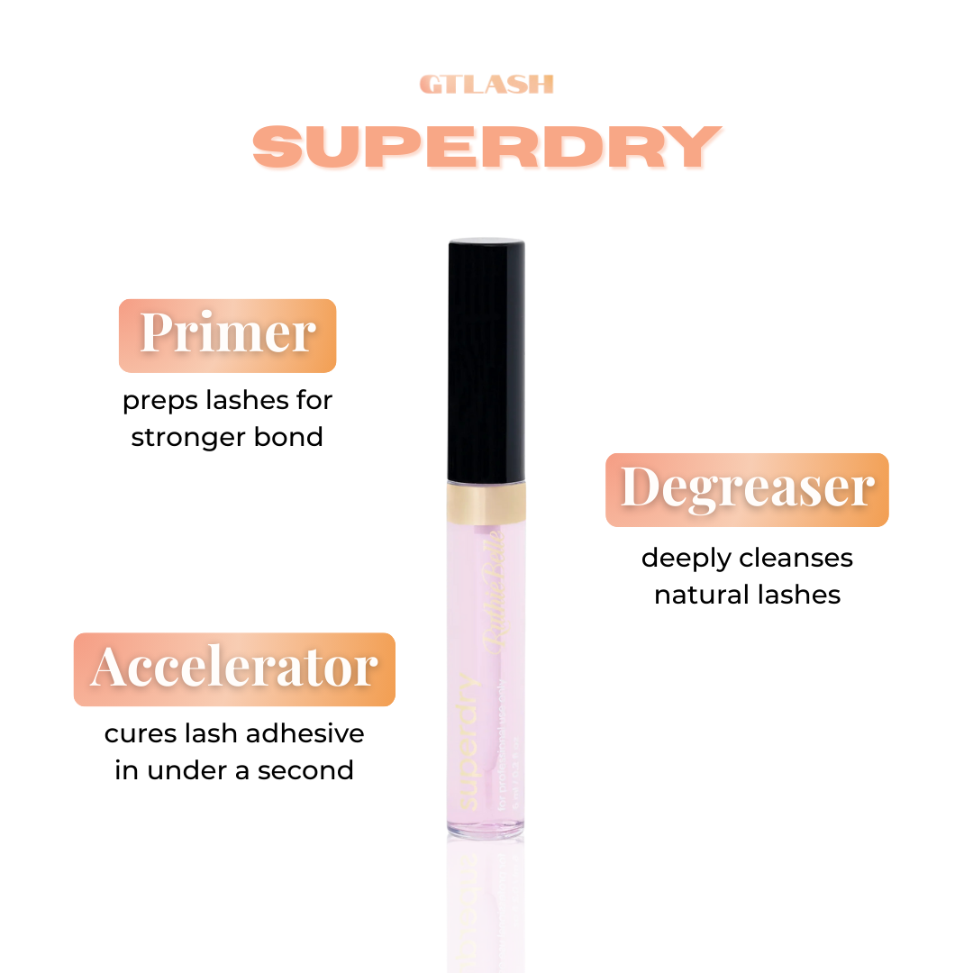 GT Lash Co Superdry lash extension 3-in-1 lash primer, adhesive accelerator, and degreaser - designed to boost lash retention for longer lasting lash sets.