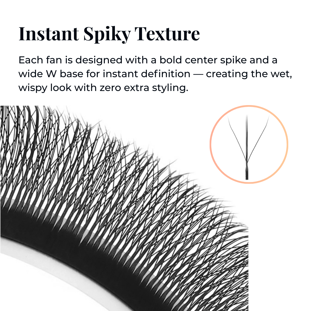 Fairy 3D W Lash Fans with built-in center spike for wet, wispy lash sets – close-up of spiky premade fans with wide W base and 1:3:1 lash ratio.