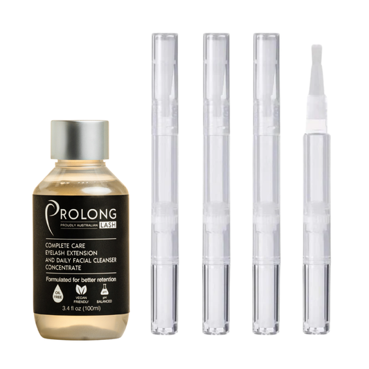 Eyelash extension cleanser kit with lash cleanser concentrate and 15 travel size lash extension cleanser pens.