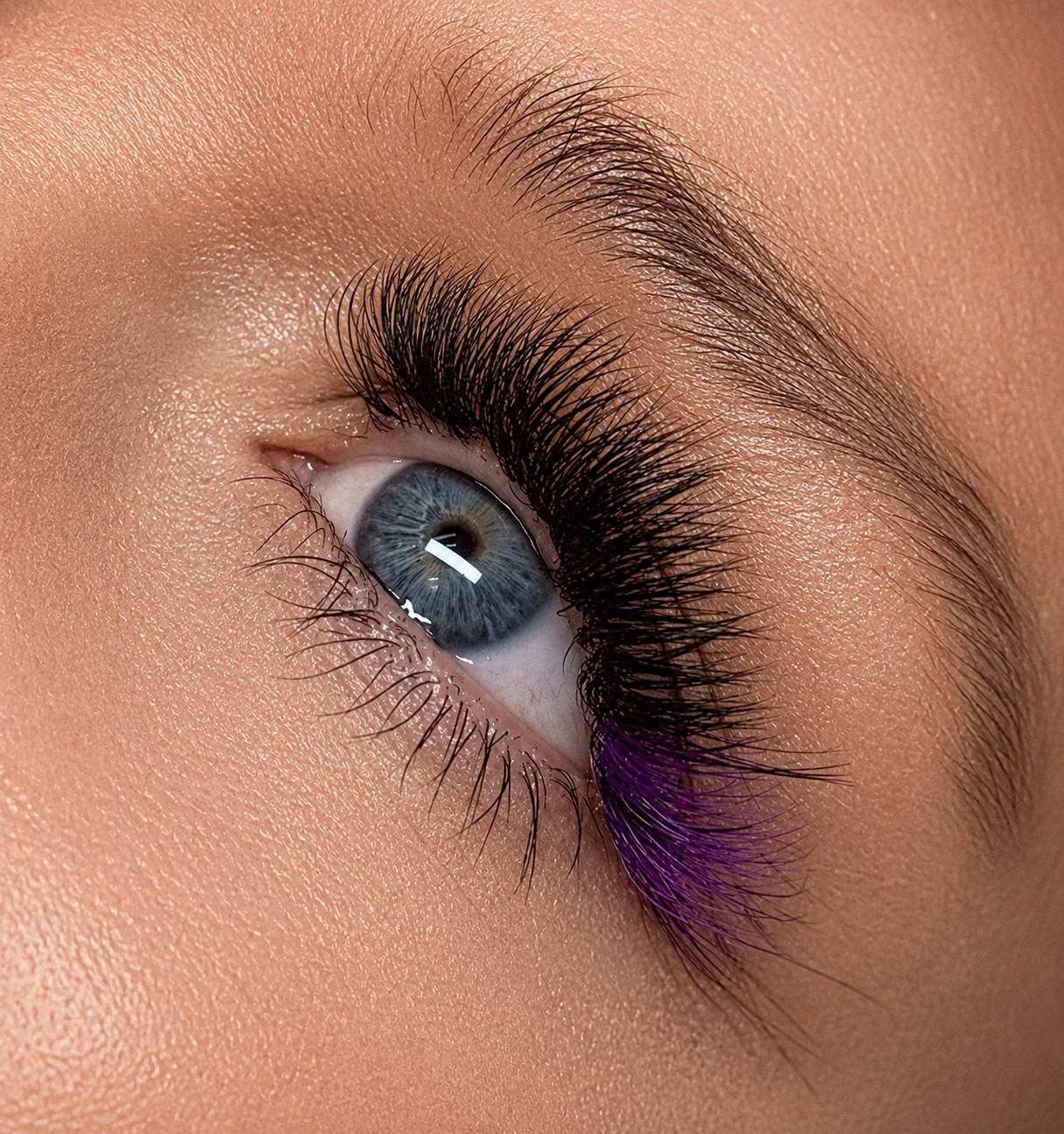 Close-up of colored lash extensions applied to outer corner with black volume premade fans, ChromaCrush colored lash trays by GT Lash Co