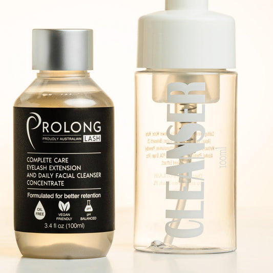 GT Lash Co eyelash extension aftercare kit — Prolong Lash cleanser concentrate and foaming brush bottle for client retention and lash hygiene