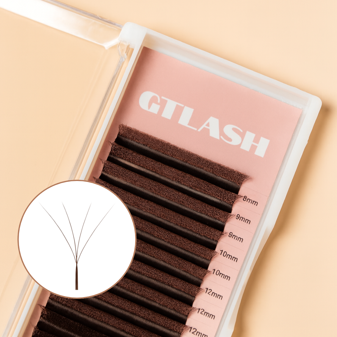 Brown 4D W lash extensions, premade volume fans in GT Lash Co tray with close-up of 4-fiber W-base for natural brown volume lash sets.