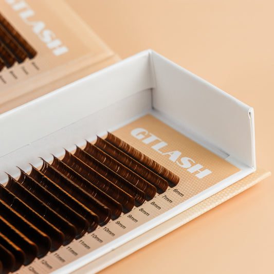 GT Lash Co Brown Ellipse .15 Classic Lash Extensions — warm brown flat lashes for softer, natural-looking sets.