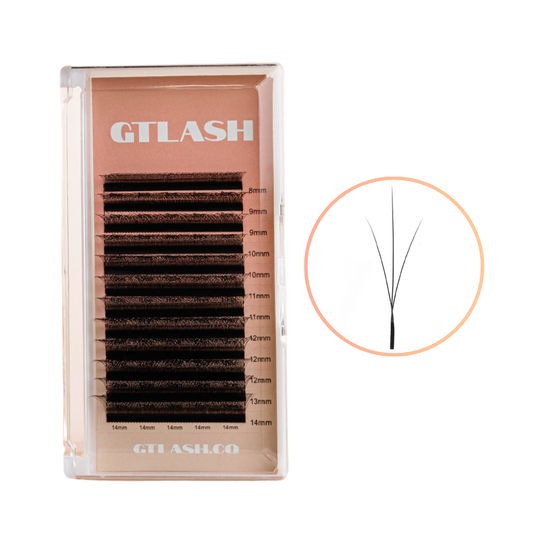 Wispy 3D W Premade Lash Fans by GT Lash Co — ultra-dark volume fans with built-in wispy spikes for effortless hybrid and cat-eye lash sets.
